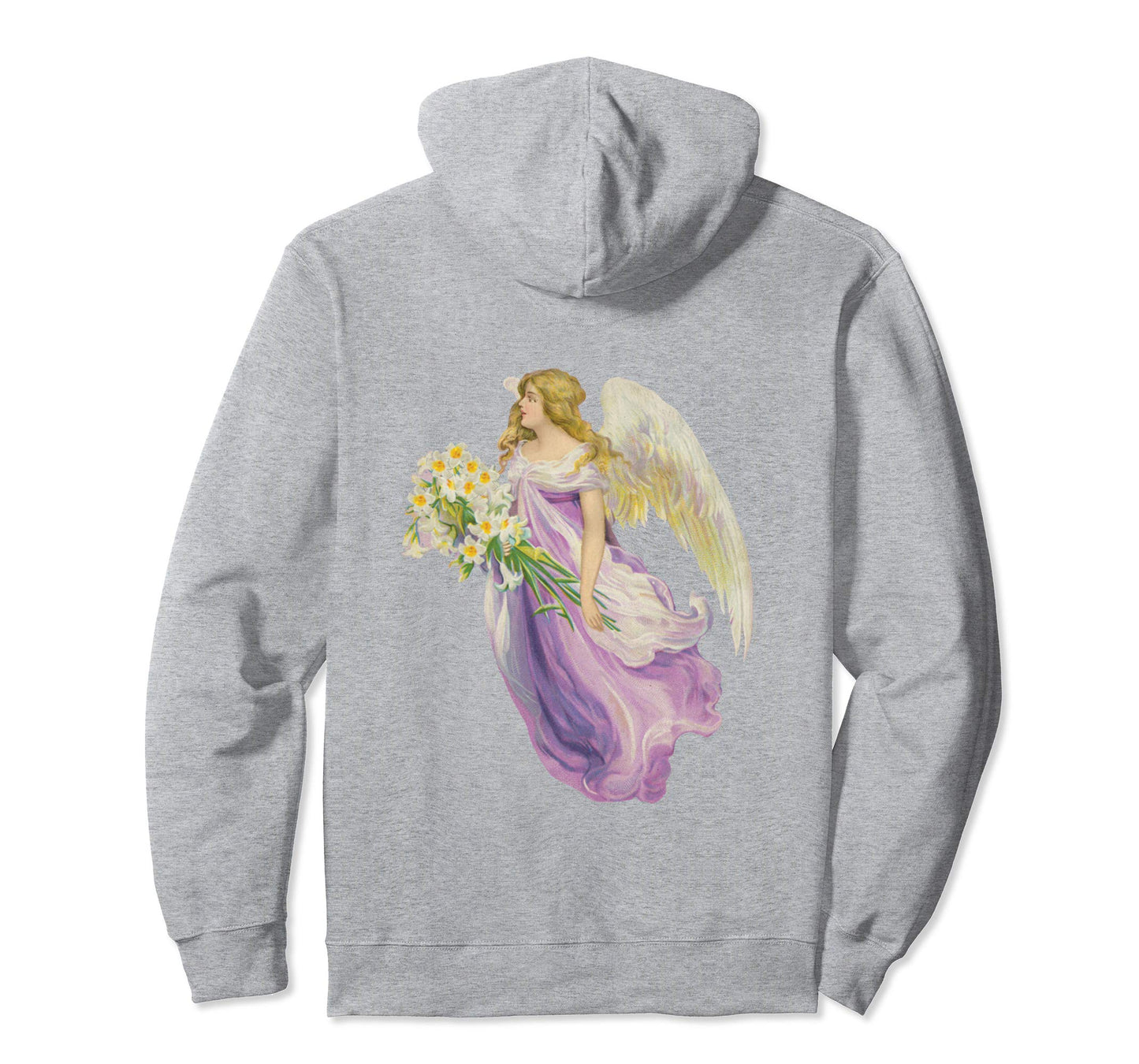 Unisex Pullover Hoodie Sweatshirt with Purple Angel and Lilies Heather Grey