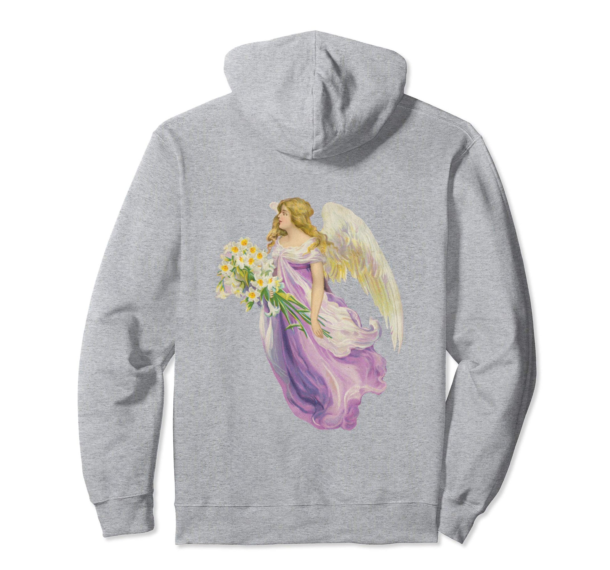 Unisex Pullover Hoodie Sweatshirt with Purple Angel and Lilies Heather Grey