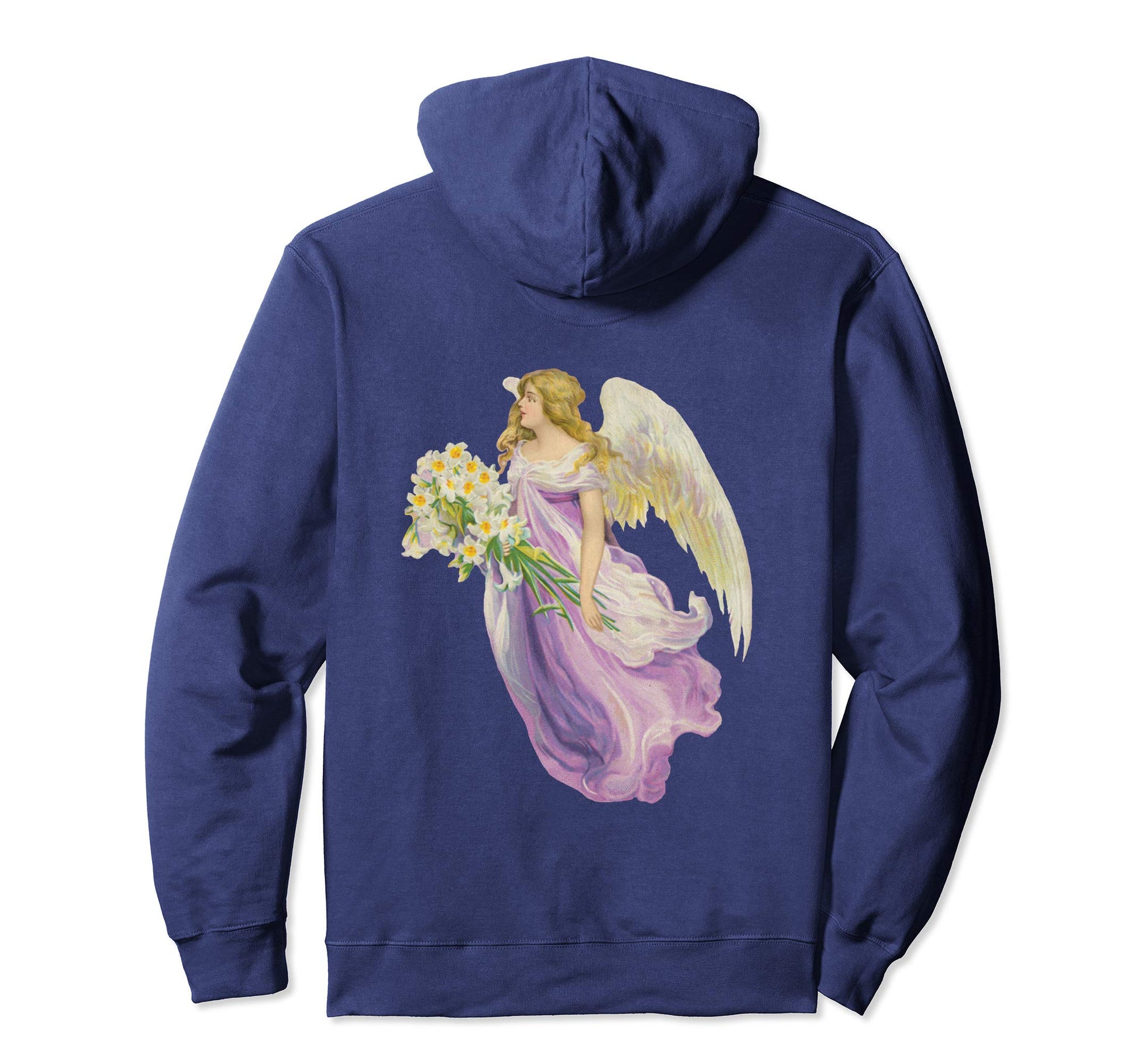 Unisex Pullover Hoodie Sweatshirt with Purple Angel and Lilies Navy