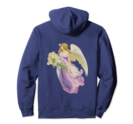Unisex Pullover Hoodie Sweatshirt with Purple Angel and Lilies Navy