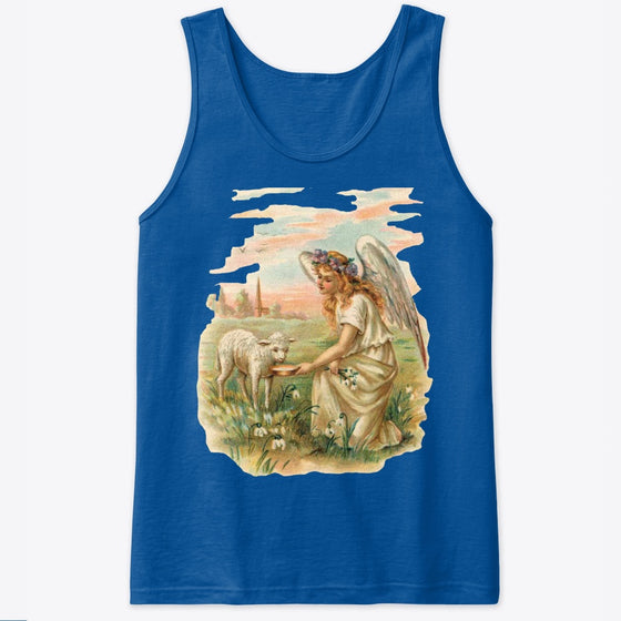 Unisex Cotton Tank Top with Antique Angel Feeding a Lamb Art Print