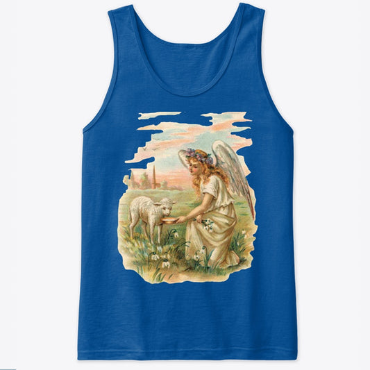 Unisex Cotton Tank Top with Antique Angel Feeding a Lamb Art Print