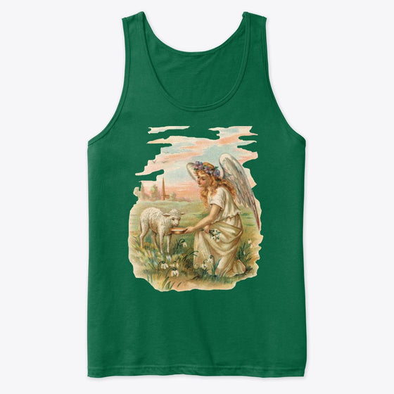 Unisex Cotton Tank Top with Antique Angel Feeding a Lamb Art Print