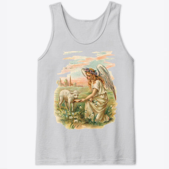 Unisex Cotton Tank Top with Antique Angel Feeding a Lamb Art Print