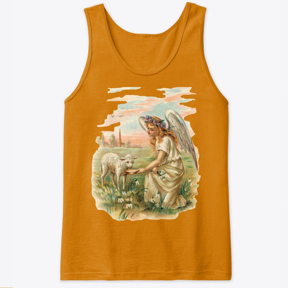 Unisex Cotton Tank Top with Antique Angel Feeding a Lamb Art Print