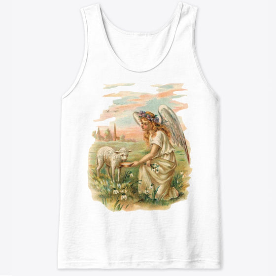 Unisex Cotton Tank Top with Antique Angel Feeding a Lamb Art Print