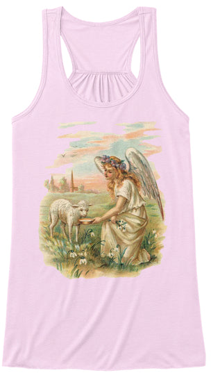 Womens Flowy Tank Top with Antique Angel Feeding a Lamb