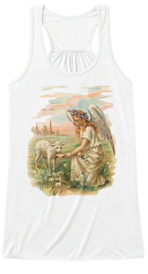 Womens Flowy Tank Top with Antique Angel Feeding a Lamb