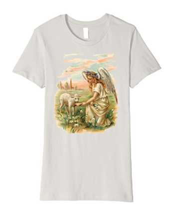 Womens Cotton Tee Premium T-shirt Gift for Mom Angel Feeding a Lamb Silver