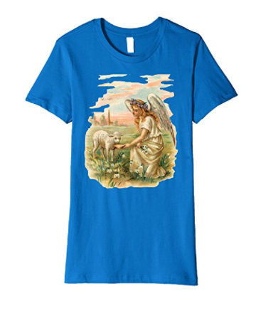 Womens Cotton Tee Premium T-shirt Gift for Mom Angel Feeding a Lamb Royal Blue