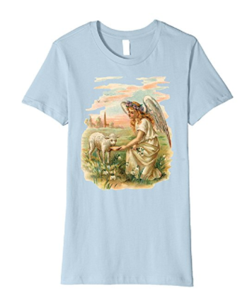 Womens Cotton Tee Premium T-shirt Gift for Mom Angel Feeding a Lamb Baby Blue