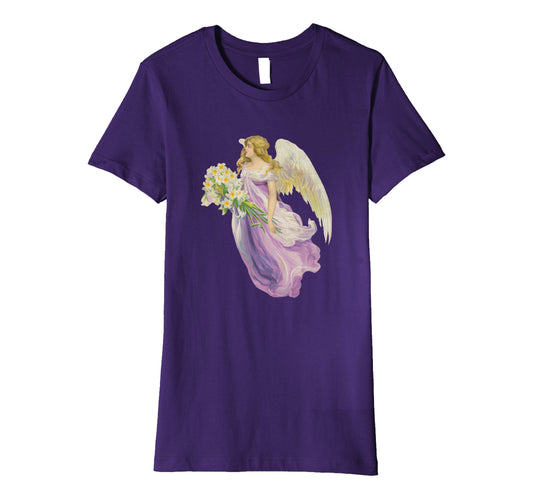 Womens Cotton Tee T-Shirt Gift for Mom with Angel and Lilies Art Print