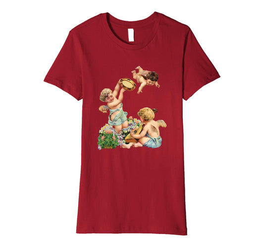 Womens Cotton Tee T-shirt Gift for Mom with Cherubs Playing Music Art Red