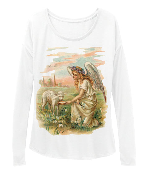 Womens Long Sleeve Tee with Antique Angel Feeding a Lamb