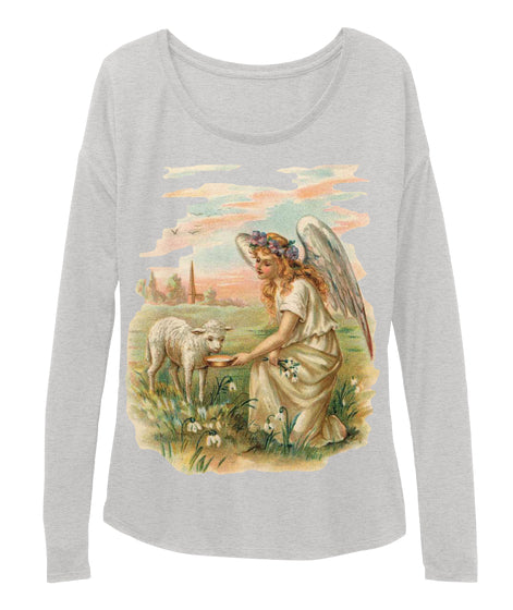 Womens Long Sleeve Tee with Antique Angel Feeding a Lamb