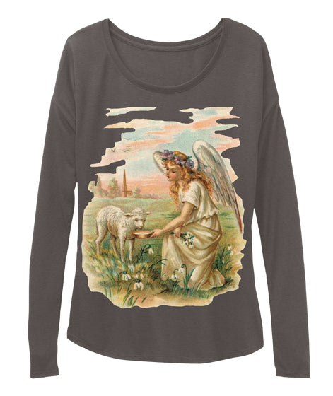 Womens Long Sleeve Tee with Antique Angel Feeding a Lamb