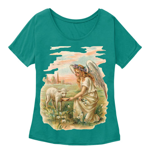 Womens Slouchy Tee with Antique Angel Feeding a Lamb