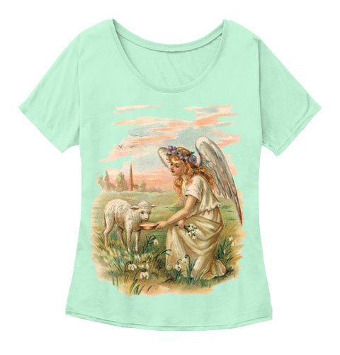 Womens Slouchy Tee with Antique Angel Feeding a Lamb