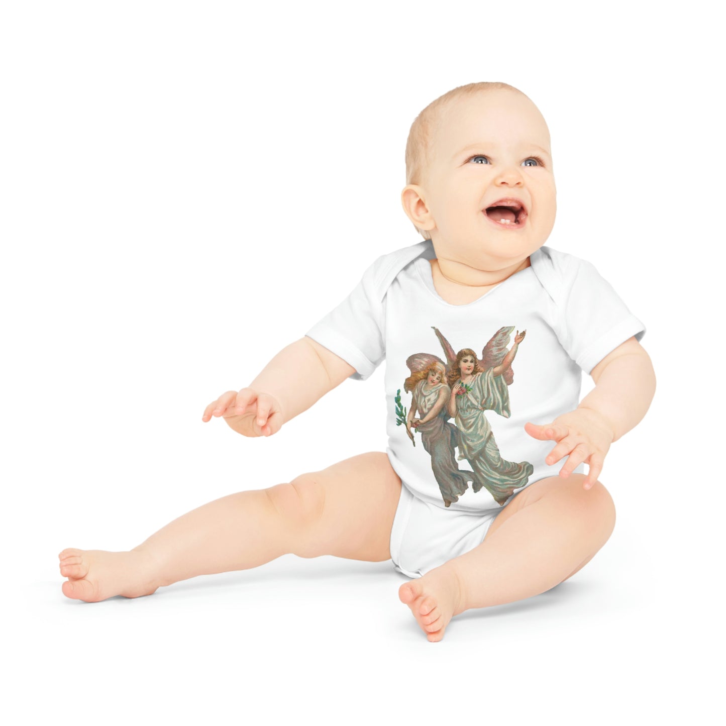 Victorian Organics baby bodysuit cotton short sleeve heavenly angel art