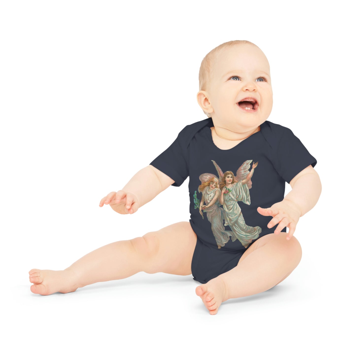 Victorian Organics baby bodysuit cotton short sleeve heavenly angel art