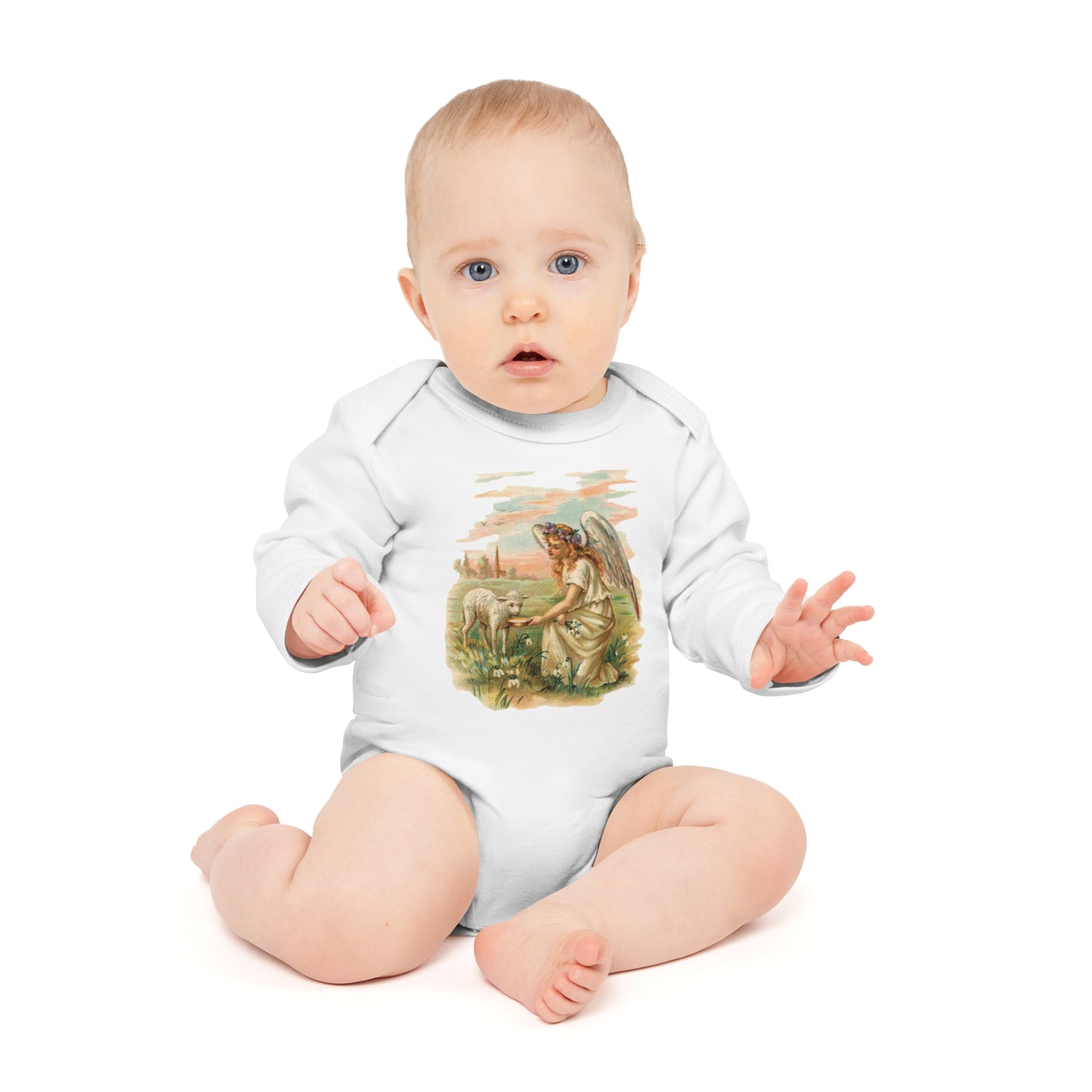 Victorian Organics baby bodysuit cotton long sleeve angel with lamb