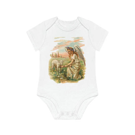Victorian Organics baby bodysuit cotton short sleeve angel with lamb