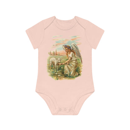 Victorian Organics baby bodysuit cotton short sleeve angel with lamb