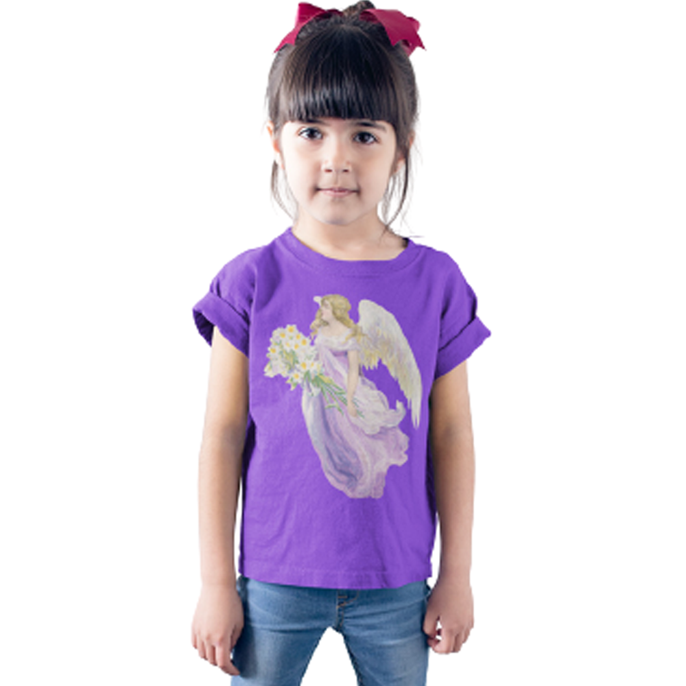 Kids Cotton Tee Classic T-Shirt with Angel in Purple with Lilies Art Print in Purple on Model