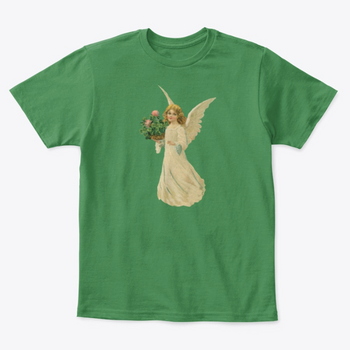 Kids Cotton Tee Classic T-Shirt with Angel and Four Leaf Clover Art Kelly Green Front
