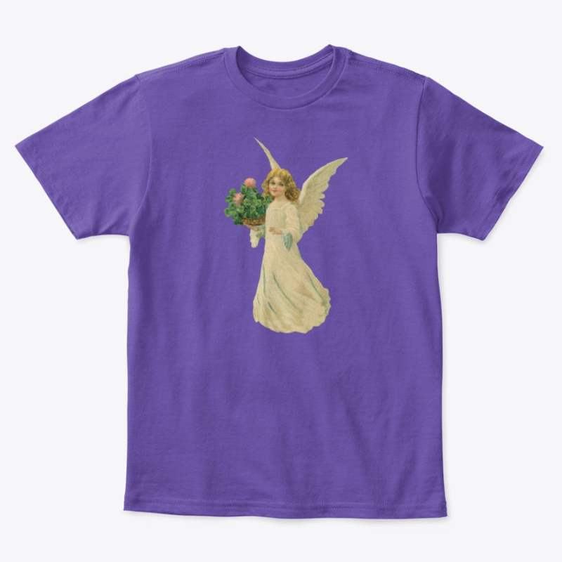 Kids Cotton Tee Classic T-Shirt with Angel and Four Leaf Clover Art Purple Front