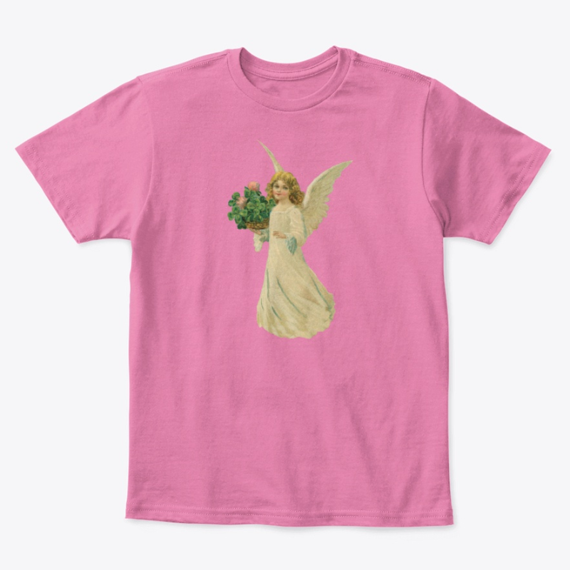 Kids Cotton Tee Classic T-Shirt with Angel and Four Leaf Clover Art True Pink Front