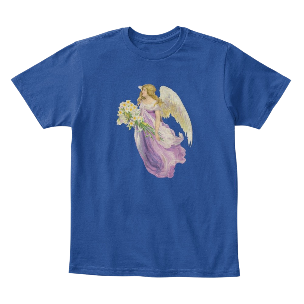 Kids Cotton Tee Classic T-Shirt with Angel in Purple with Lilies Art Print Deep Royal Front