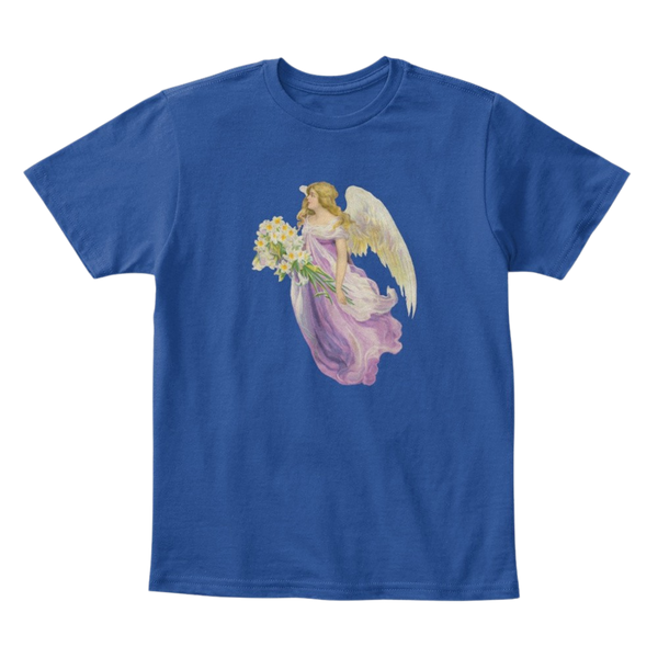 Kids Cotton Tee Classic T-Shirt with Angel in Purple with Lilies Art Print Deep Royal Front