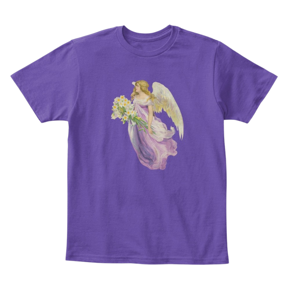 Kids Cotton Tee Classic T-Shirt with Angel in Purple with Lilies Art Print Purple Front