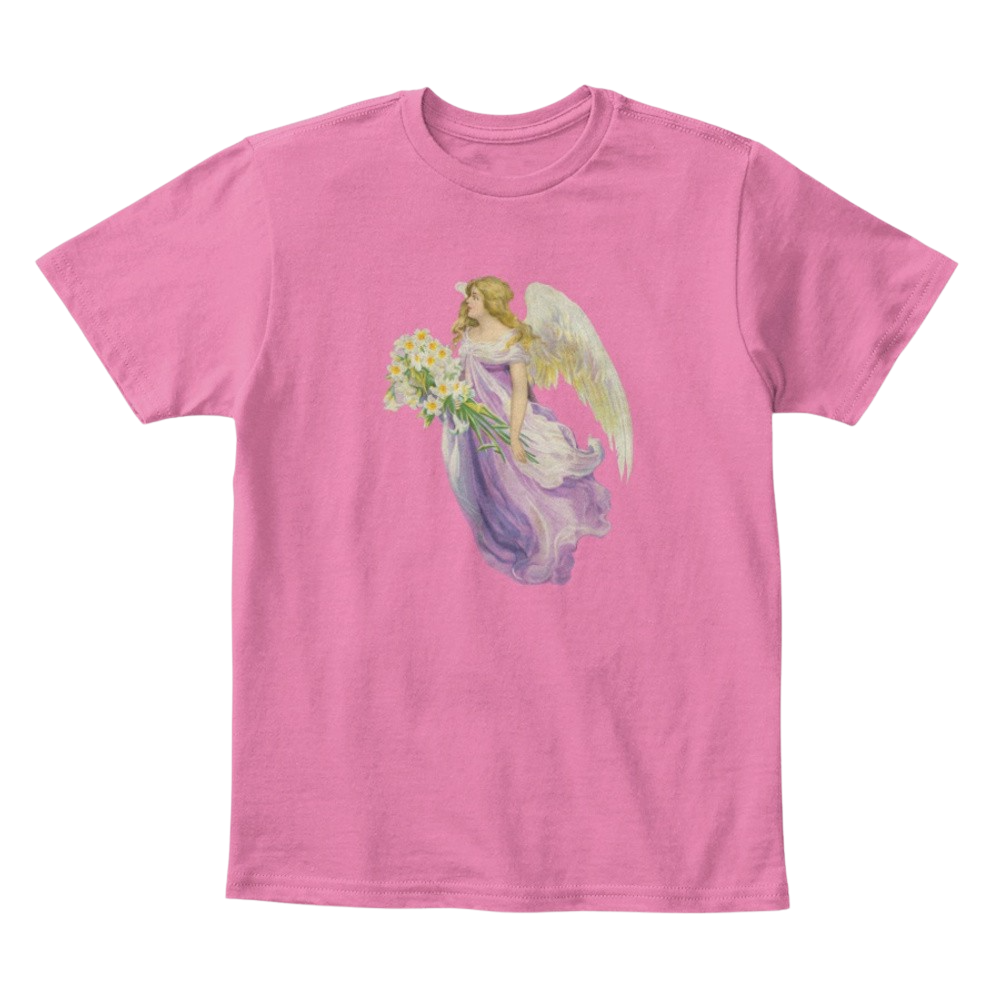 Kids Cotton Tee Classic T-Shirt with Angel in Purple with Lilies Art Print True Pink Front