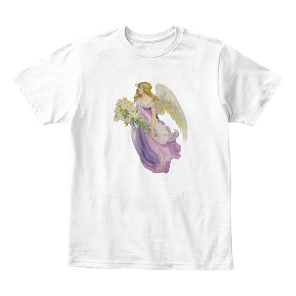 Kids Cotton Tee Classic T-Shirt with Angel in Purple with Lilies Art Print White Front
