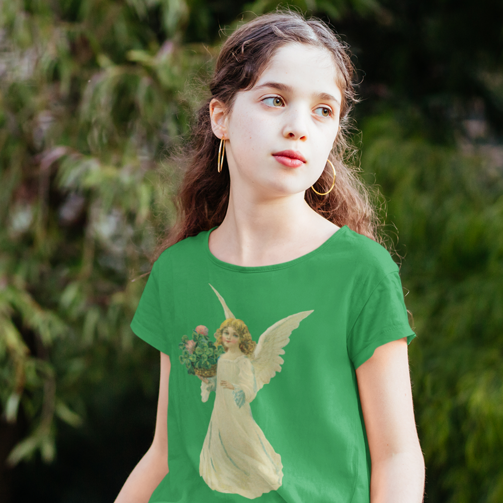 Kids Green Tee Shirt with Angel and Clover Print