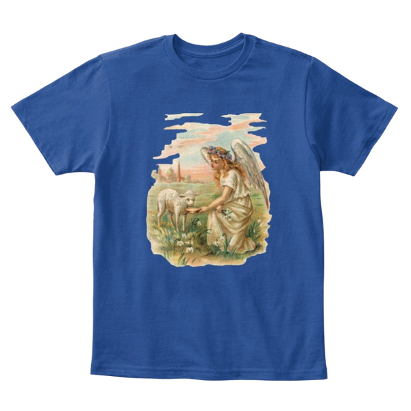 Mythic Art Clothing Kids Cotton Tee Classic T-Shirt with Antique Angel Feeding a Lamb Deep Royal Front