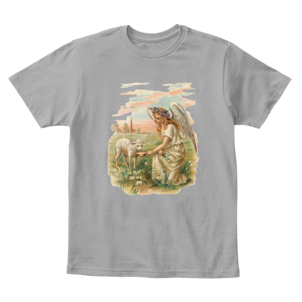 Mythic Art Clothing Kids Cotton Tee Classic T-Shirt with Antique Angel Feeding a Lamb Light Heather Grey Front