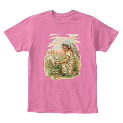 Mythic Art Clothing Kids Cotton Tee Classic T-Shirt with Antique Angel Feeding a Lamb True Pink Front