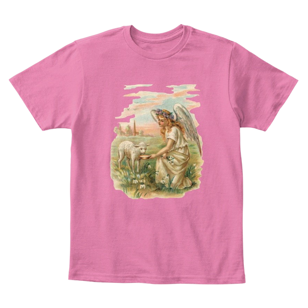 Mythic Art Clothing Kids Cotton Tee Classic T-Shirt with Antique Angel Feeding a Lamb True Pink Front