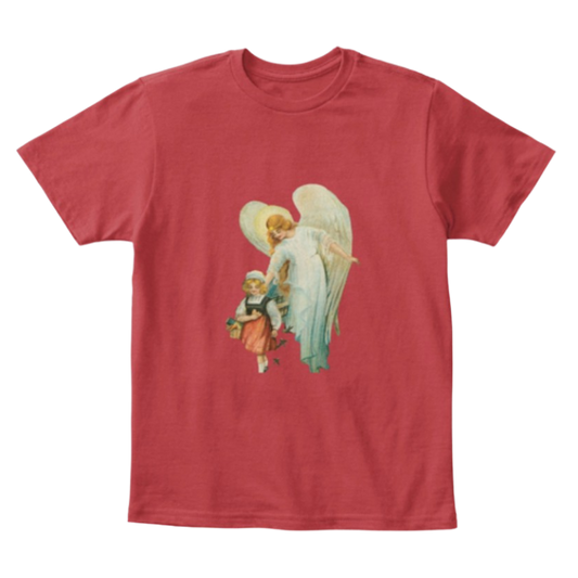 Mythic Art Clothing Kids Cotton Tee Classic T Shirt Guardian Angel with Girl Deep Classic Red