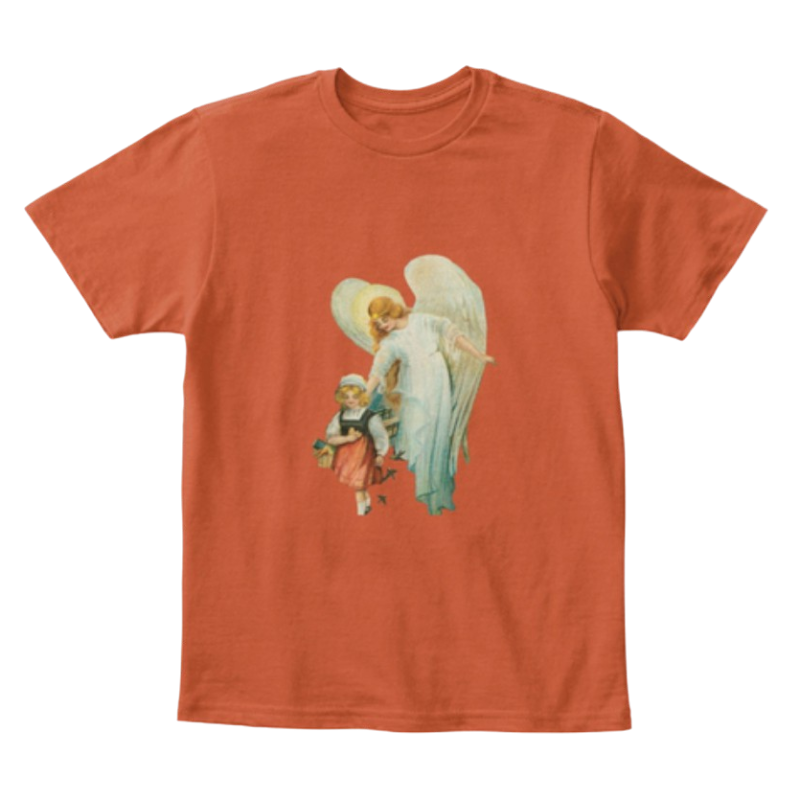 Mythic Art Clothing Kids Cotton Tee Classic T Shirt Guardian Angel with Girl Deep Orange Front