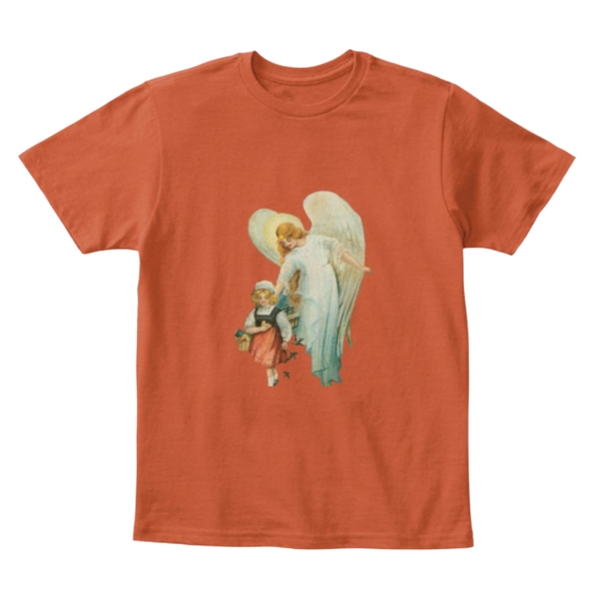 Mythic Art Clothing Kids Cotton Tee Classic T Shirt Guardian Angel with Girl Deep Orange Front