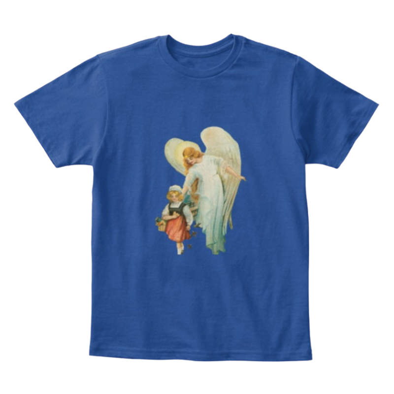 Mythic Art Clothing Kids Cotton Tee Classic T Shirt Guardian Angel with Girl Deep Royal Front