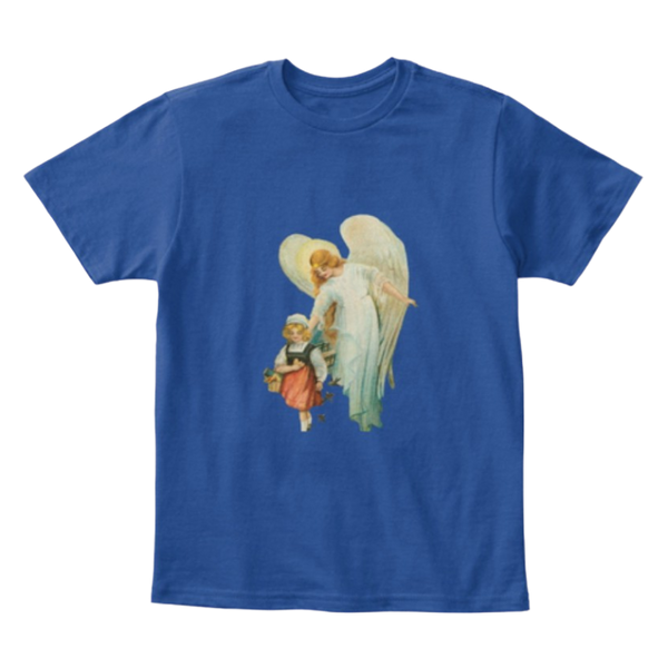 Mythic Art Clothing Kids Cotton Tee Classic T Shirt Guardian Angel with Girl Deep Royal Front