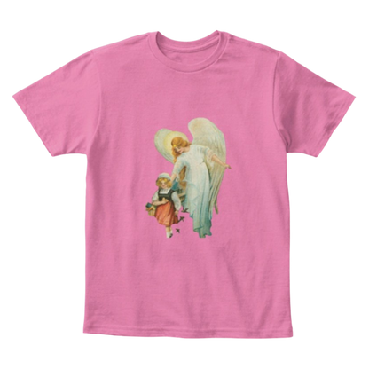 Mythic Art Clothing Kids Cotton Tee Classic T Shirt Guardian Angel with Girl Light True Pink Front
