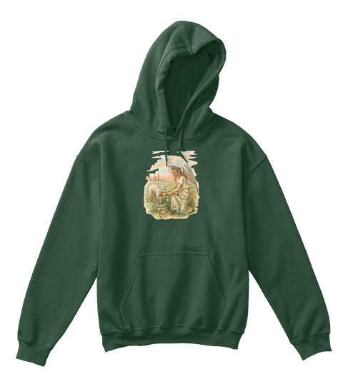 Kids Hoodie Sweatshirt with Antique Angel Feeding a Lamb Art Print