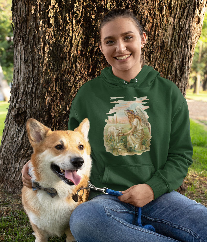 Kids Hoodie Sweatshirt with Antique Angel Feeding a Lamb Art Print