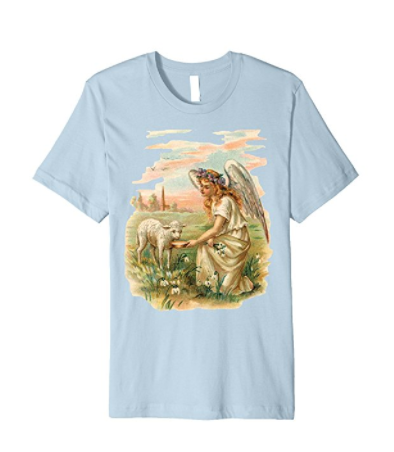 Unisex Cotton Tee T-shirt with Antique Angel Feeding a Lamb Art Print